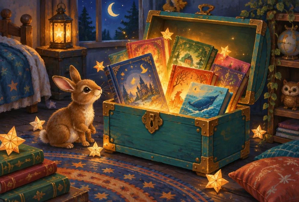 A glowing treasure chest filled with magical storybooks