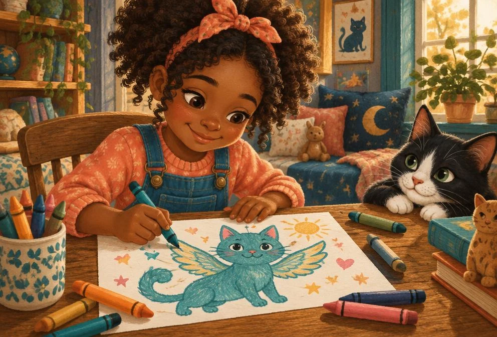 A child drawing a winged cat with crayons