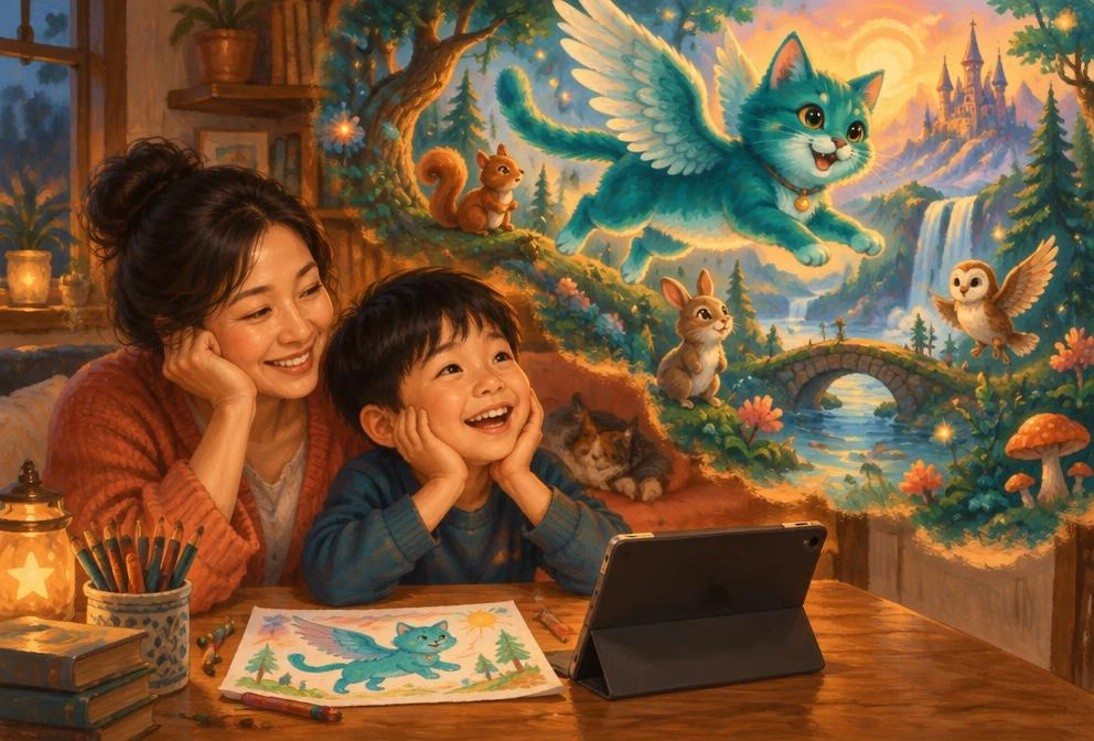A mother and child imagining a woodland adventure for their drawn character