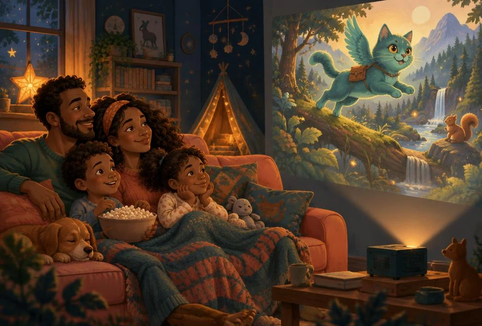 A family enjoying a magical illustrated story together